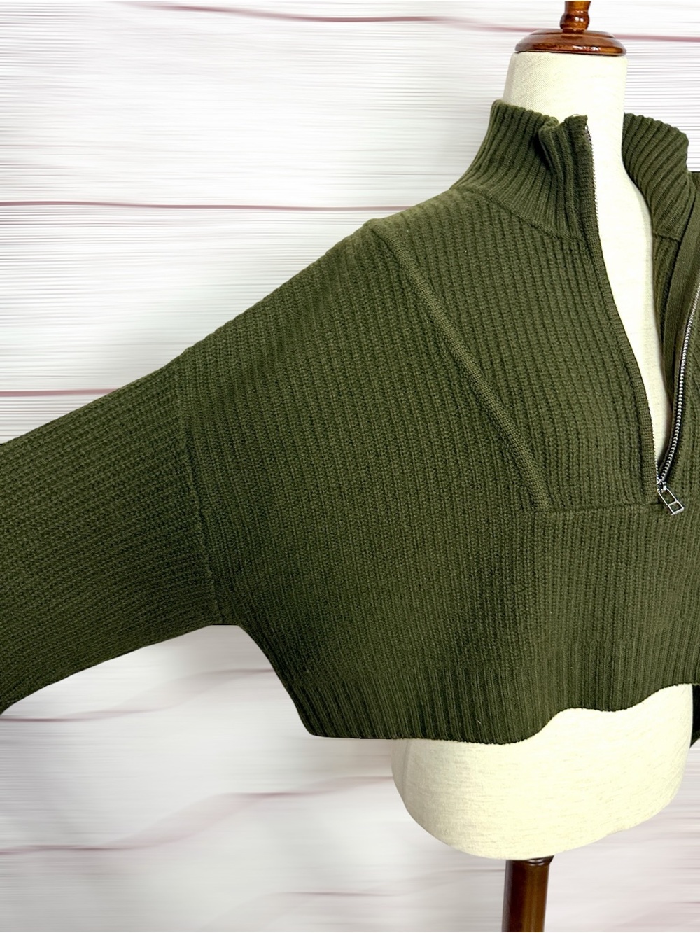 STAUD Cashmere Cropped Hampton Sweater Olive Chunky Knit Half Zip Oversized M - Picture 6 of 13